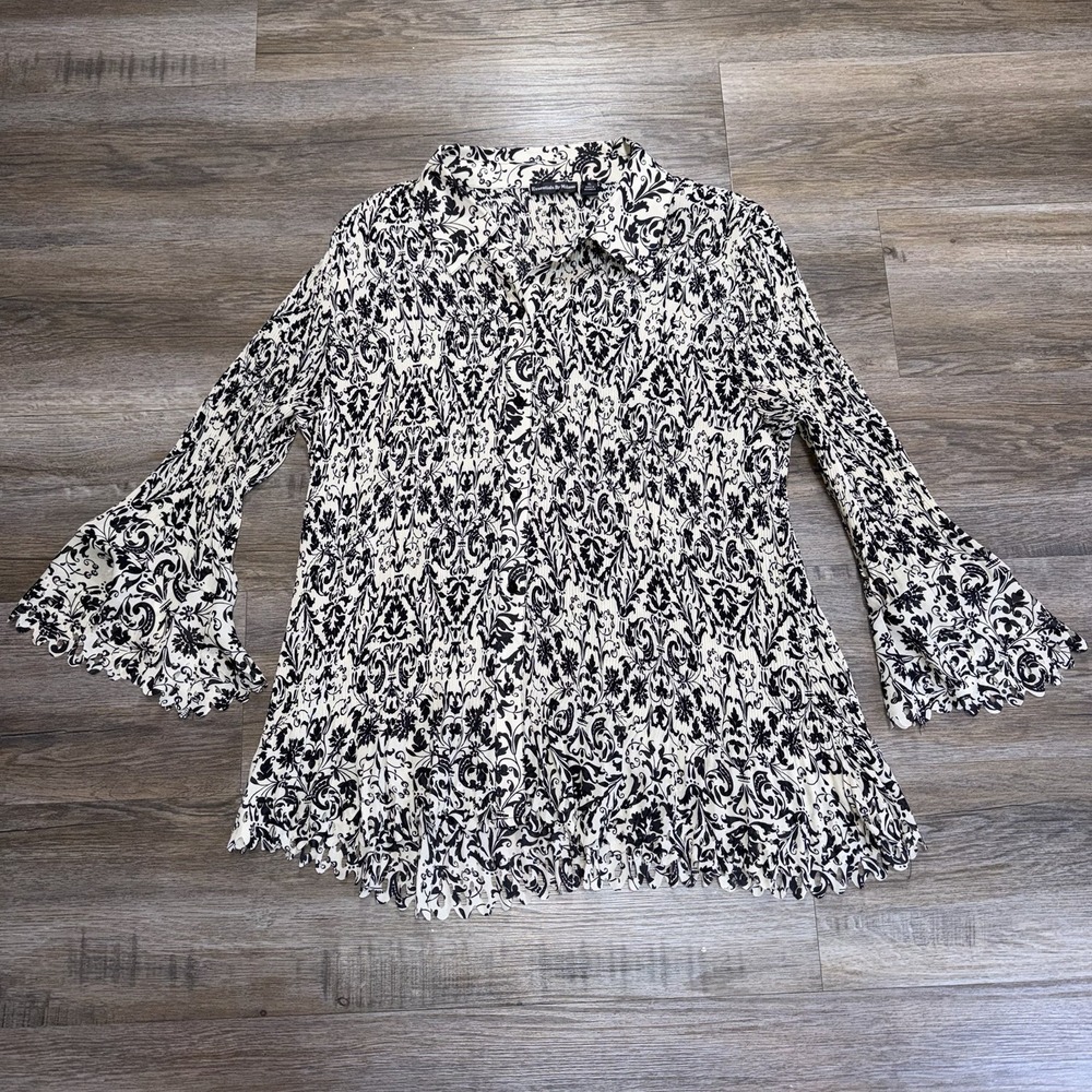 Essentials by Milano Black White Crinkle Chiffon Button-Down Top Womens XL